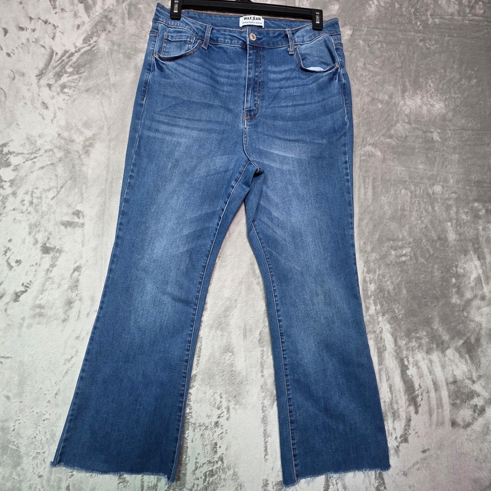 Wax Jean Sustainable Denim High Rise Flare Raw Hem Jeans Size 18 Medium Wash